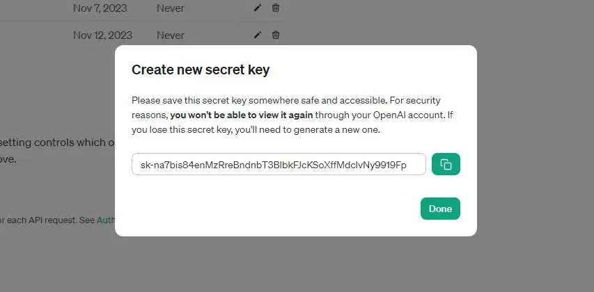 Create new secret key success