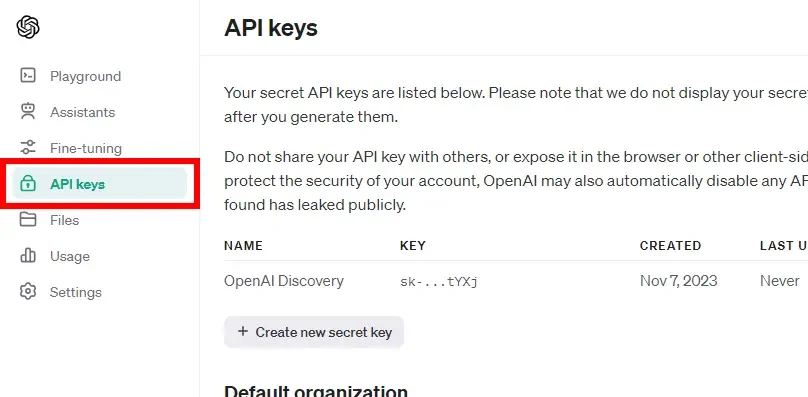 Navigate to the API keys tab