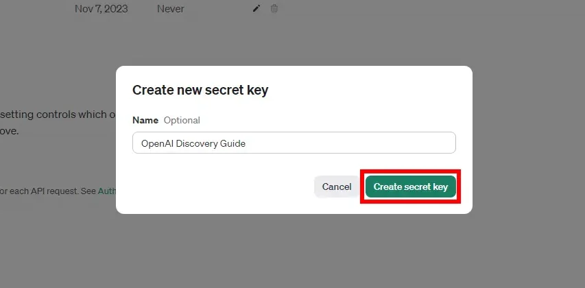 Confirm the "Create secret key" button